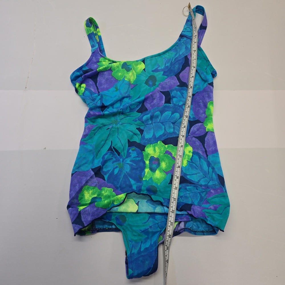 Basic Editions Vintage Floral Swimdress Blue Purple Green One Piece Size 13/14 - Picture 5 of 8